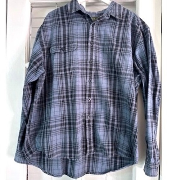 Eddie Bauer Mens Flannel Plaid Button Up Shirt Sz L Blue Plaid Outdoor Campfire - Picture 7 of 9